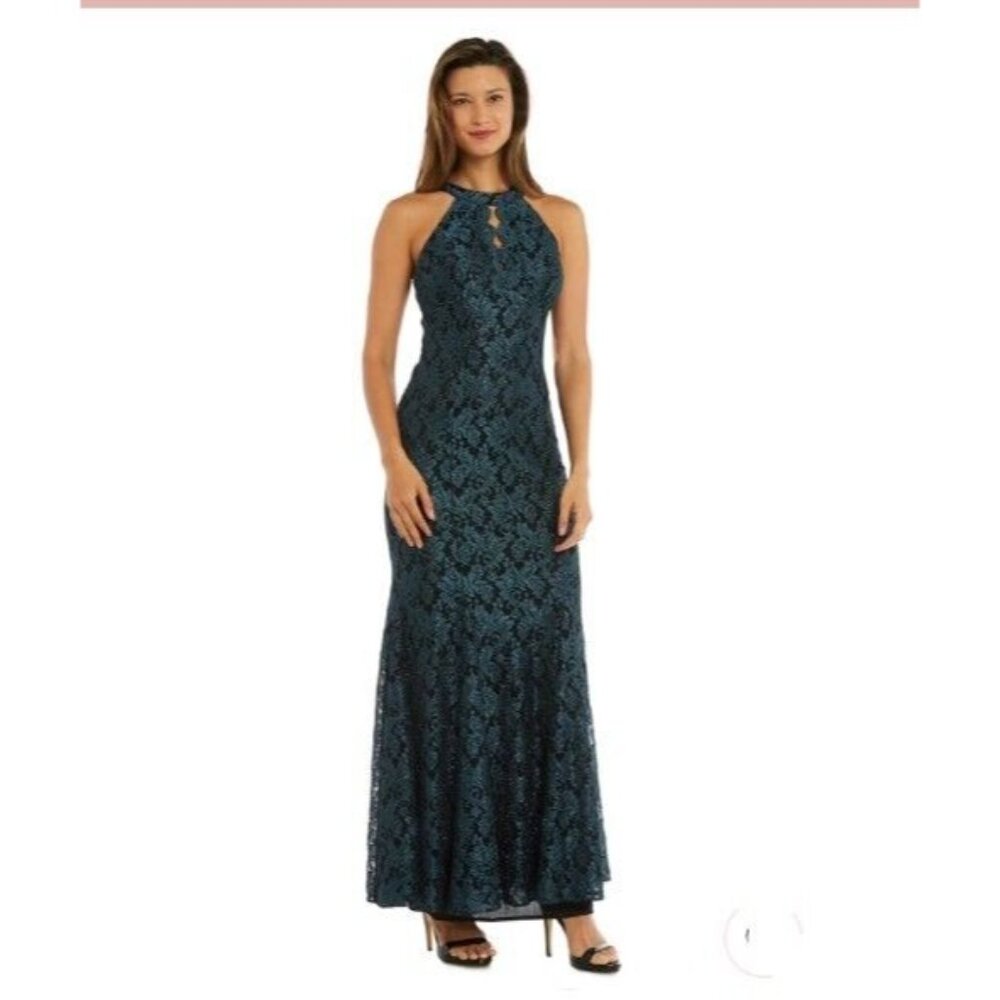 Elegant Teal Lace Halter Prom Dress